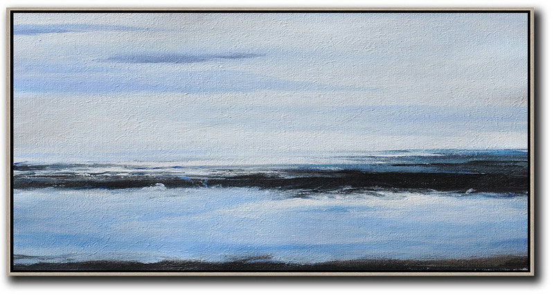 Large Abstract Art Handmade Oil Painting,Panoramic Abstract Landscape Painting On Canvas,Wall Art Ideas For Living Room,Grey,Blue,Black.etc